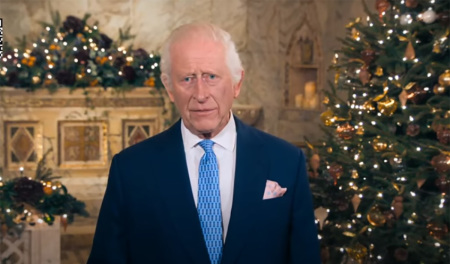King Charles delivers the annual Christmas message from Fitzrovia Chapel at Pearson Square in London, England, in December 2024. The king broke from tradition by not filming the Christmas message from a royal residence for the first time in 18 years.