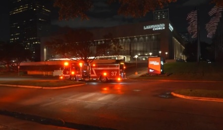 A firetruck sits outside Lakewood Chuch in Houston, Texas, on Dec. 24, 2024.