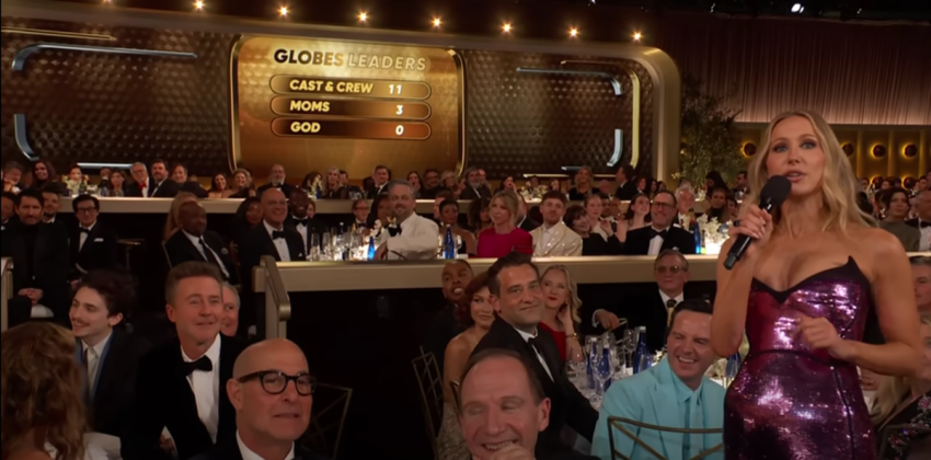 Comedian Nikki Glaser comments on the absence of God from acceptance speeches at the 82nd Golden Globe Awards, Jan. 5, 2025.