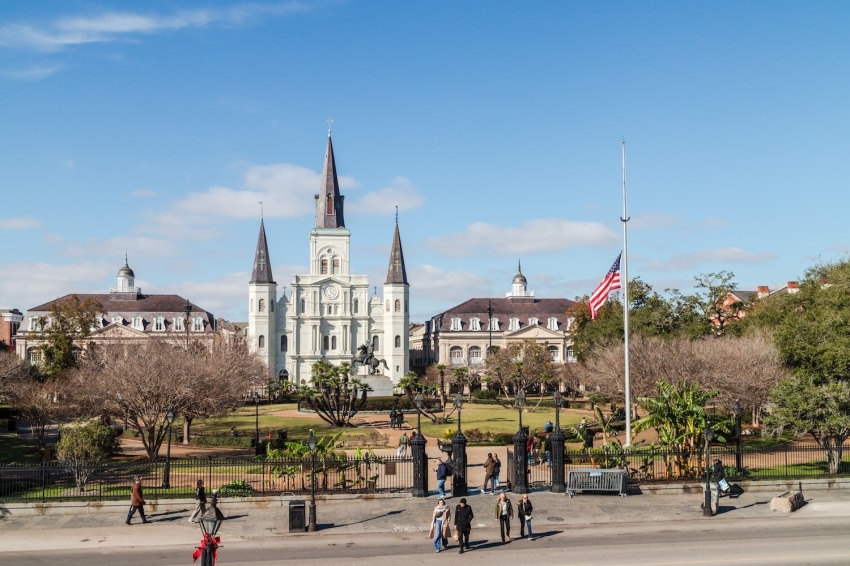 The Cathedral of St. Louis overlooks Jackson Square in New Orleans, Louisiana.