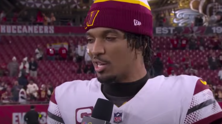 Washington Commanders quarterback Jayden Daniels speaks to NBC following his team's victory against the Tampa Bay Buccaneers, Jan. 12, 2025.