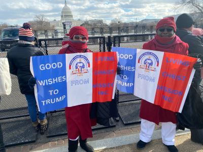 Nono (left) and Eki (right), Nigerian-born Christian missionaries from Houston, Texas, gather on the National Mall to celebrate the inauguration of Donald Trump as the 47th president of the United States, Jan. 20, 2025.