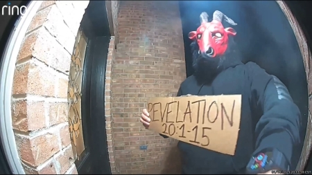 A screenshot of a Ring video showing a goat-masked man on the porch of a North Texas home.