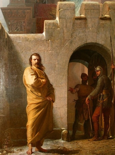 A 19th century depiction of the 1077 "walk to Canossa," in which Holy Roman Emperor Henry IV was required by Pope Gregory VII to walk barefoot in snow to Canossa, Italy as an act of penance.