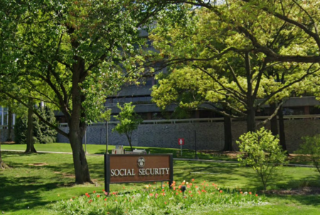 A sign welcomes visitors to the headquarters of the United States Social Security Administration in Woodlawn, Maryland.