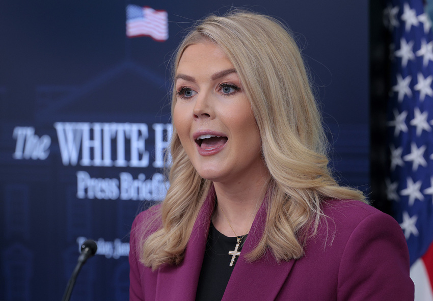 White House press secretary Karoline Leavitt holds her first news conference in the Brady Press Briefing Room at the White House on Jan. 28, 2025, in Washington, D.C.