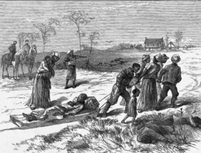 An illustration published by Harper's Weekly of African Americans gathering their dead and wounded after the Colfax Massacre of 1873 in Colfax, Louisiana.