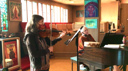 A screenshot of a worship service at herchurch in San Francisco in May 2024.