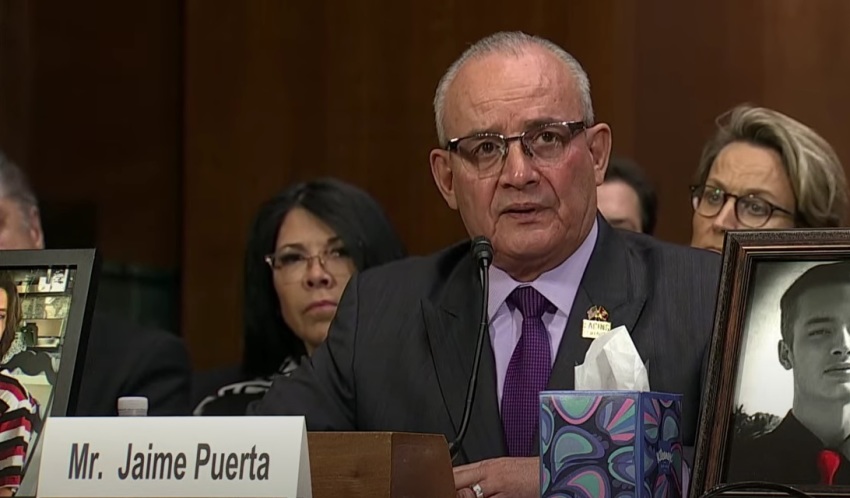 Jaime Puerta, president and co-founder of the California-based group Victims Of Illicit Drugs, speaks before the United States Senate Committee on the Judiciary on Tuesday, Feb. 4, 2025, in Washington, D.C.