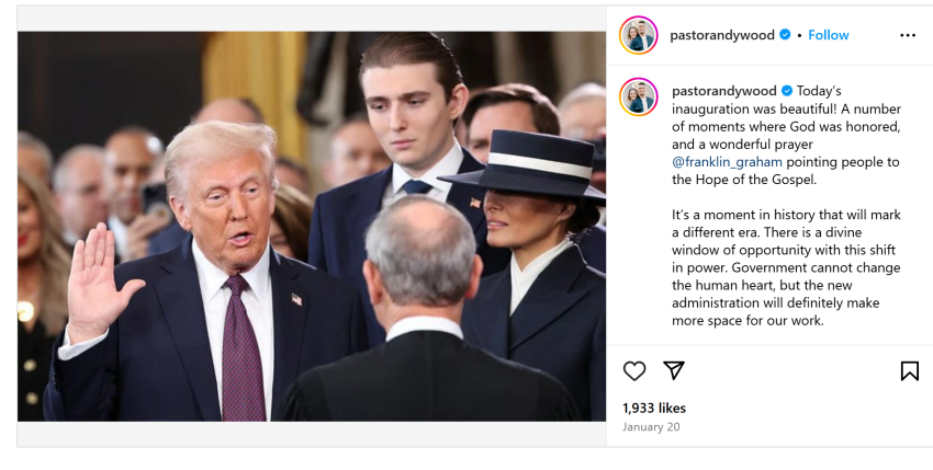 A screenshot of Saddleback Church Pastor Andy Wood's Jan. 20, 2025, post on Instagram.