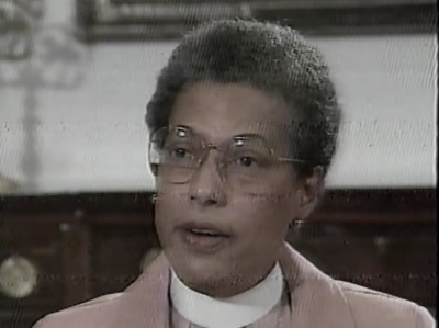 Barbara Harris, the first woman to be consecrated a bishop of The Episcopal Church, being interviewed in 1989.