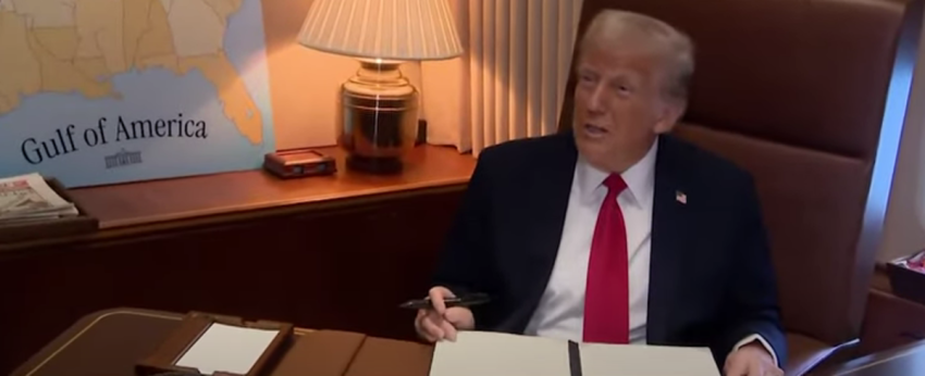 President Donald Trump signs a presidential proclamation recognizing Feb. 9 as "Gulf of America Day" aboard Air Force One on Feb. 9, 2025. 