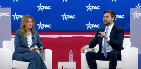 Vice President J.D. Vance talks with Mercedes Schlapp at the Conservative Political Action Conference in National Harbor, Maryland, on Feb. 20, 2025.