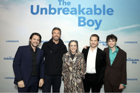 (L-R): Kevin Downes, Zachary Levi, Patricia Heaton, Peter Facinelli and Jacob Laval attend the premiere of "The Unbreakable Boy" in New York City on February 19, 2025.