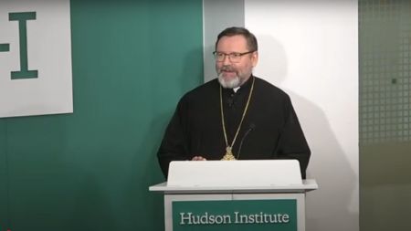Sviatoslav Shevchuk, head of the Ukrainian Greek Catholic Church, speaks at the nonpartisan Hudson Institute in Washington, D.C., on Feb. 20, 2025.