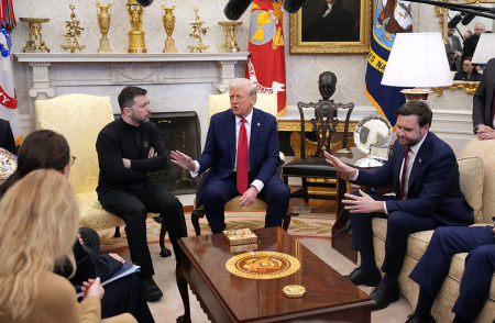 U.S. President Donald Trump (C) and Vice President JD Vance meet with Ukrainian President Volodymyr Zelensky in the Oval Office at the White House on Feb. 28, 2025, in Washington, D.C. Trump and Zelensky are meeting today to negotiate a preliminary agreement on sharing Ukraine’s mineral resources that Trump says will allow America to recoup aid provided to Kyiv while supporting Ukraine’s economy. (Photo by Andrew Harnik/Getty Images)