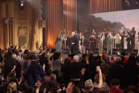 Brooklyn Tabernacle's Pastor Jim Cymbala addresses the audience at the premiere of Brooklyn Tabernacle Choir's new album,