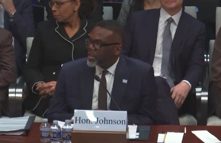 Chicago Mayor Brandon Johnson testifies during a House of Representatives Committee on Oversight and Government Reform hearing in Washington, D.C. on March 5, 2025.