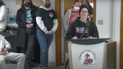 Charlee Friedman, director of operations for the activist group Trans Up Front, speaks during a Deerfield School District 109 School Board meeting in Illinois on March 13, 2025.