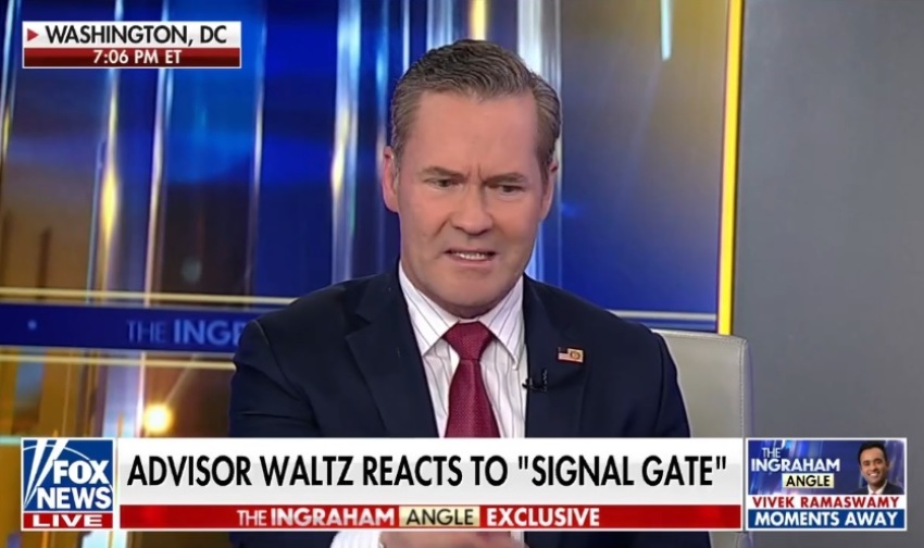 National security advisor Michael Waltz speaks on the Fox News program "The Ingraham Angle" on Tuesday March 25, 2025.