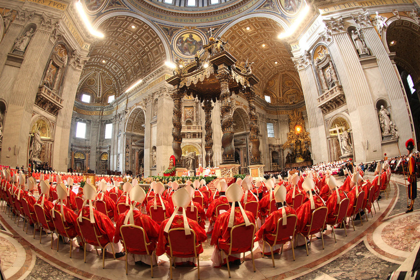 Cardinals attend the Pro Eligendo Romano Pontifice Mass at St Peter's Basilica, before they enter the conclave to decide who the next pope will be, on March 12, 2013 in Vatican City, Vatican. 