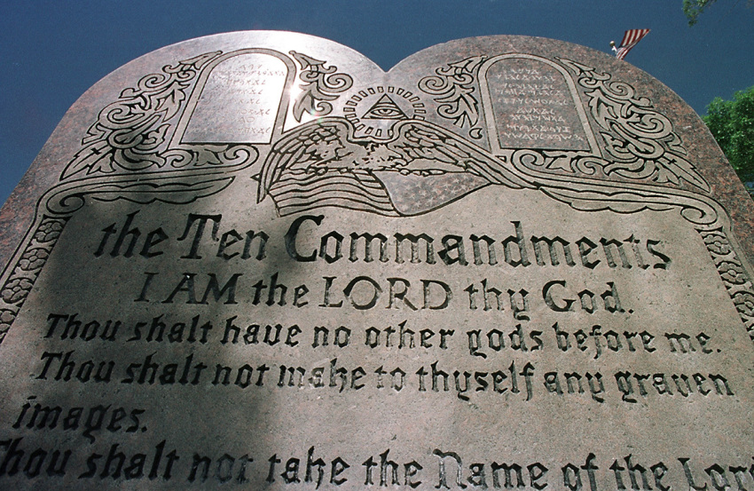 A 42-year-old Ten Commandments sculpture is on display in front of city hall June 27, 2001, in Grand Junction, Colorado. The sculpture became a target of controversy between the ACLU and the Christian Coalition's American Center for Law and Justice when the ACLU began a legal offensive aimed at removing displays of the Ten Commandments from city halls and other civic buildings throughout the United States. 