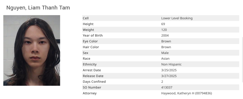 Booking photo for Liam Thanh Tam Nguyen from the Collin County website.