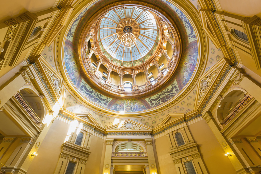 The dome and ornate interior of the Kansas State Capitol.