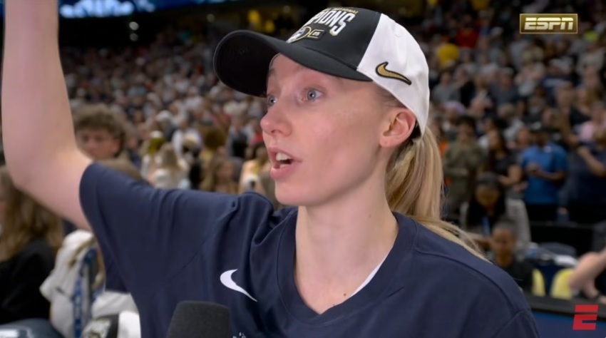 University of Connecticut women's basketball star Paige Bueckers celebrates after winning the NCAA Tournament on April 6, 2025. 