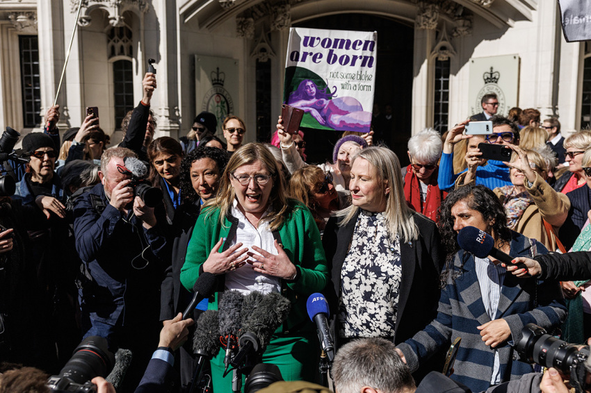 Susan Smith (L) and Marion Calder, directors of For Women Scotland, speak to the media outside the Supreme Court on April 16, 2025, in London, England. The Supreme Court today ruled unanimously that