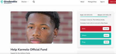 A screenshot of the Karmelo Anthony page on GiveSendGo on April 18, 2025.