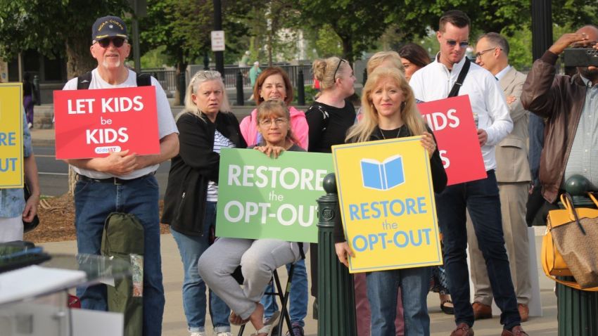 Parent rights activists rallied outside of the U.S. Supreme Court on April, 22, 2025. The court heard oral arguments for the case "Mahmoud v. Taylor," in which an interfaith group of parents are asking the court to restore their right to opt their children out of LGBT-themed lessons.