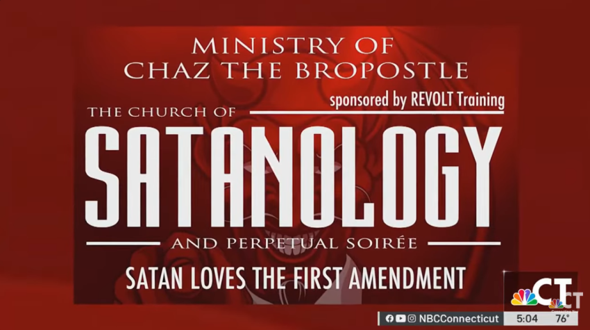 A screenshot of a banner for the fictional "Church of Satanology."