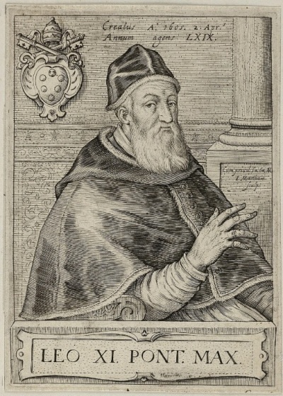 Pope Leo XI (1535-1605), a former head of the Roman Catholic Church who had one of the shortest papal reigns in history, coming to a total of 26 days from his election to his death.