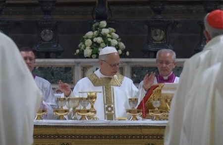 Pope Leo XIV presides over his first mass on May 9, 2025 in the Sistine Chapel in Vatican City.