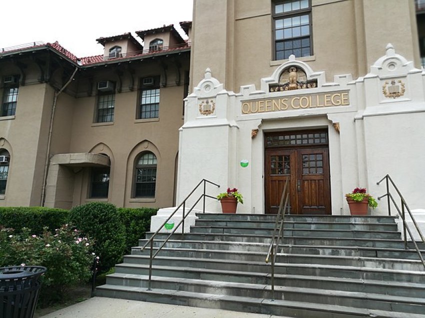 The doors are closed at Jefferson Hall on the campus of Queens College in Queens, New York.