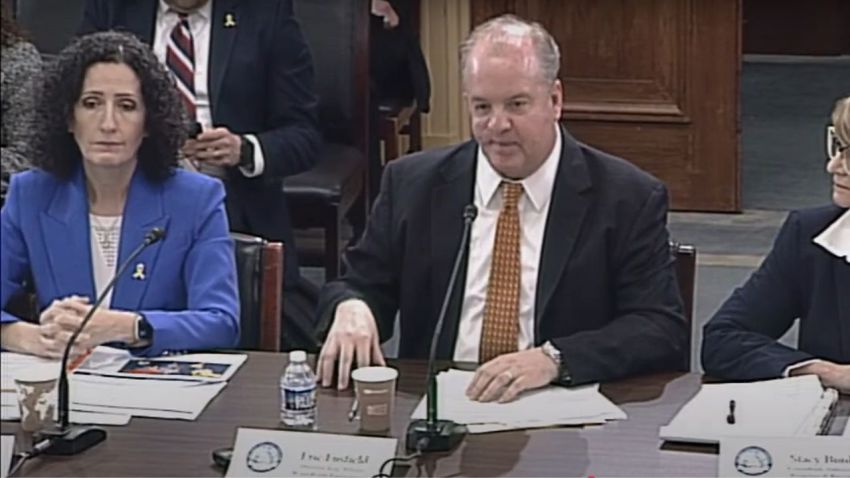 Eric Fusfield (C) of B’nai B’rith International and Marina Rosenberg (L) of the Anti-Defamation League testify during the "Worldwide Persecution of Jews" hearing in Washington, D.C., on May 20, 2025.