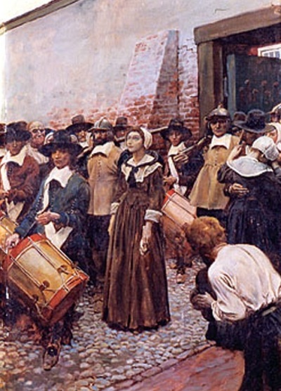 An early 20th century depiction of Mary Dyer (1611-1660) being led to her execution in Boston, Massachusetts on June 1, 1660 for violating the colony's ban on Quakers. 