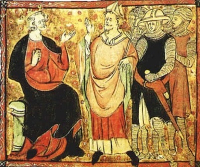 Saint Thomas a Becket (center) speaking with King Henry II (left) in a 14th century depiction of the 12th century figures. 
