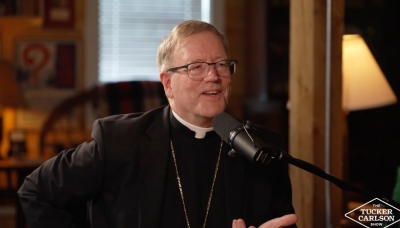Bishop Robert Barron of the Diocese of Winona-Rochester in Minnesota appears on a podcast in 2025.