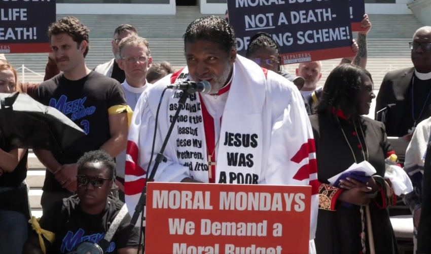 The Rev. William Barber II, co-chair of the Poor People's Campaign and president of the group Repairers of the Breach, speaking at a