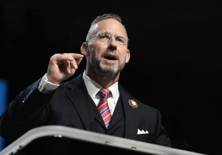 Southern Baptist Convention President Clint Pressley delivering a speech at the SBC Annual Meeting in Dallas, Texas, on Tuesday, June 10, 2025. 