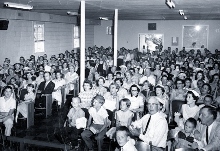One of the first worship services at Thomas Road Baptist Church of Lynchburg, Virginia, which was founded in 1956 by a 22-year-old Jerry Falwell, Sr. 