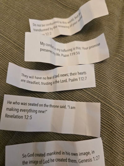 An image of several Bible verse slips shared by a student at Cedar Avenue Elementary in Killeen, Texas.