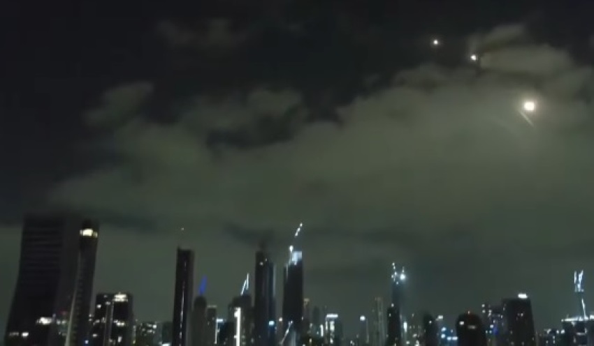 Iranian missiles fly over the skyline of Tel Aviv, Israel, on June 16, 2025. 