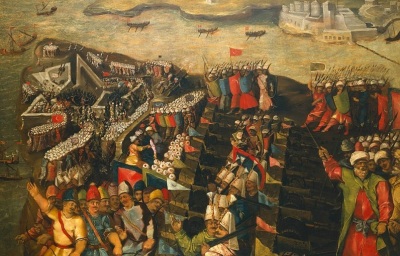 The siege of Fort St. Elmo, which was part of the 1565 invasion of Malta by the Ottoman Empire.