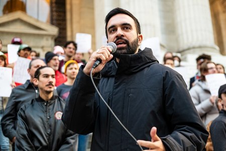 New York state Rep. Zohran Mamdani speaks at the Resist Fascism Rally in Bryant Park in New York City on Oct. 27, 2024.