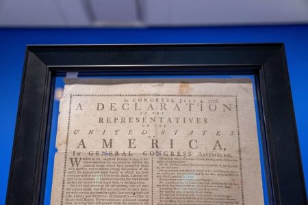 The US Declaration of Independence is on display at Sotheby's in New York on June 25, 2024. The document is expected to fetch between $2.5 million to $5 million.