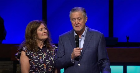 Southern Baptist Convention President Steve Gaines, with his wife Donna by his side, speaks at Bellevue Baptist Church of Cordova, Tennessee, on Sunday, July 13, 2025.