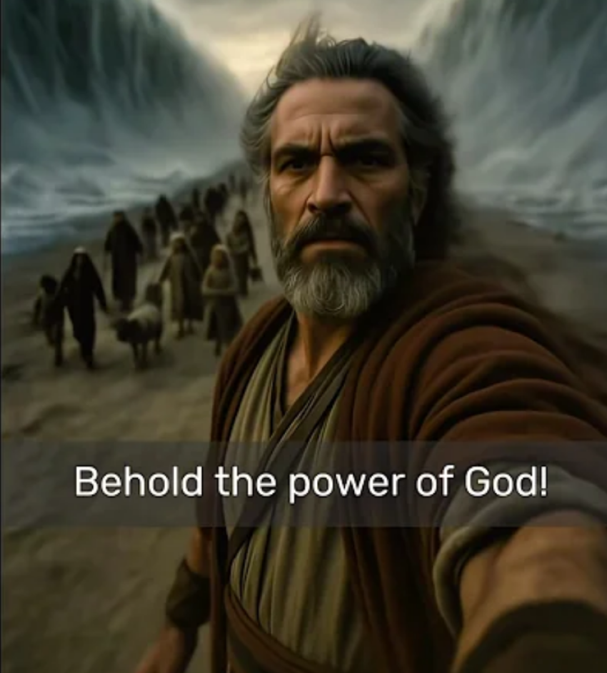 A screenshot of an AI Bible short depicting Moses parting the Red Sea.